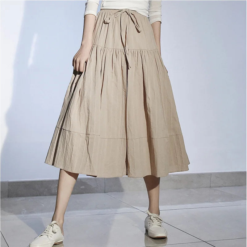 Women Elegant Vertical Stripes Cotton Skirt High Waist Pleated Lace-up