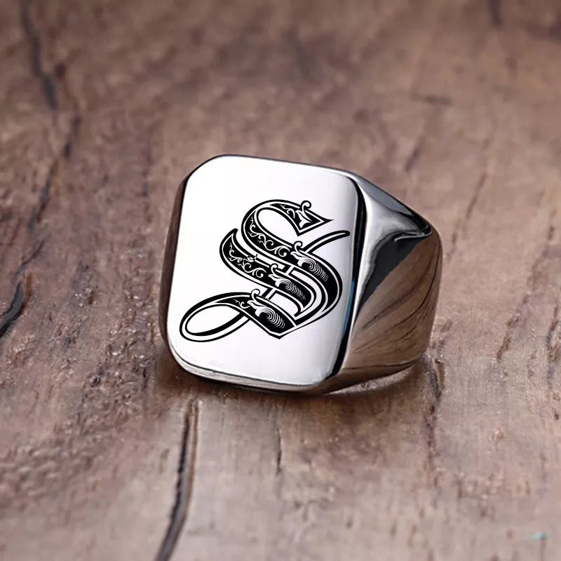 Retro Initials Signet Ring for Men 18mm Stamp Stainless Steel Jewelry