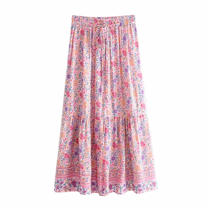 Fashion Beach Bohemian Pink Floral Print Skirt High Elastic Waist