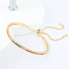 Adjustable Chain Charm Rainbow Bangles Copper Zirconia Cuff Bracelet Jewelry