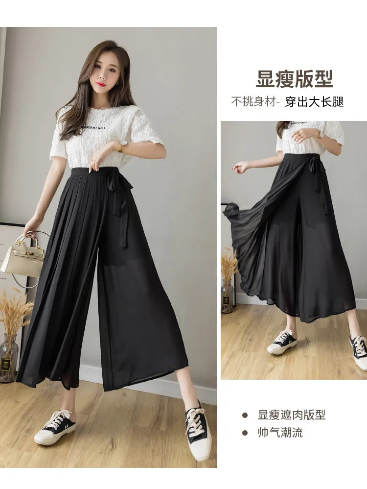 Style Women Pleated Chiffon Trousers High Waist Pants