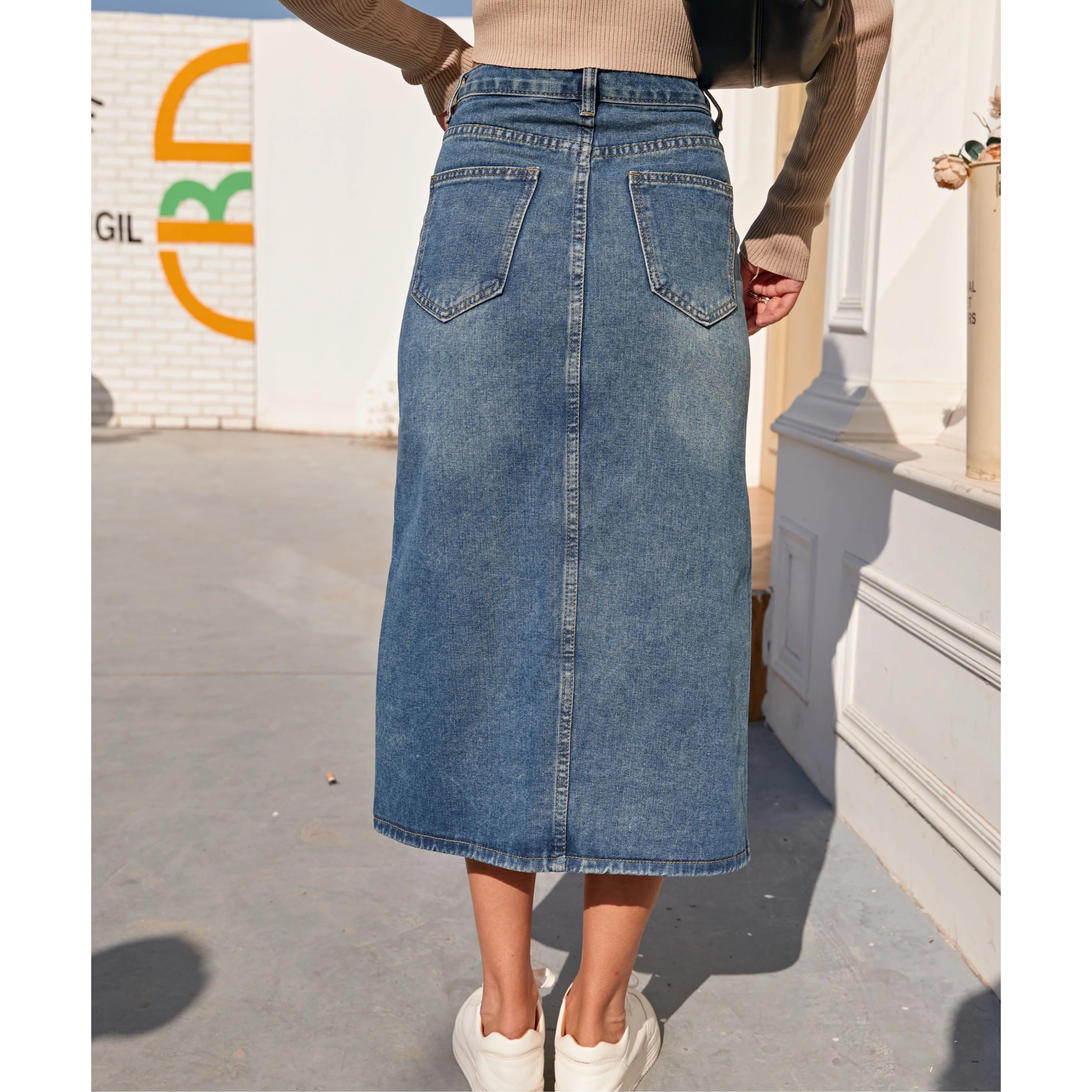 High Waist Straight Denim Vintage Split Pencil Jean Skirt