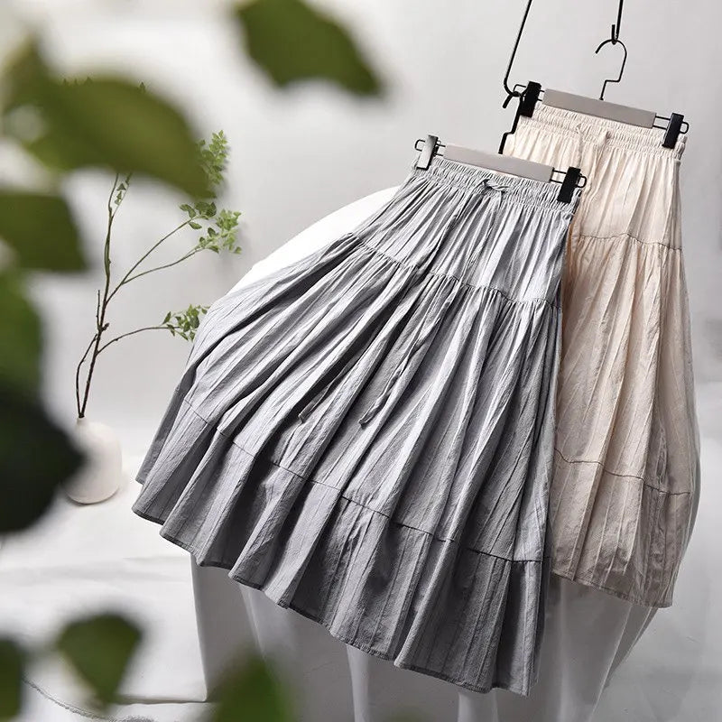 Women Elegant Vertical Stripes Cotton Skirt High Waist Pleated Lace-up