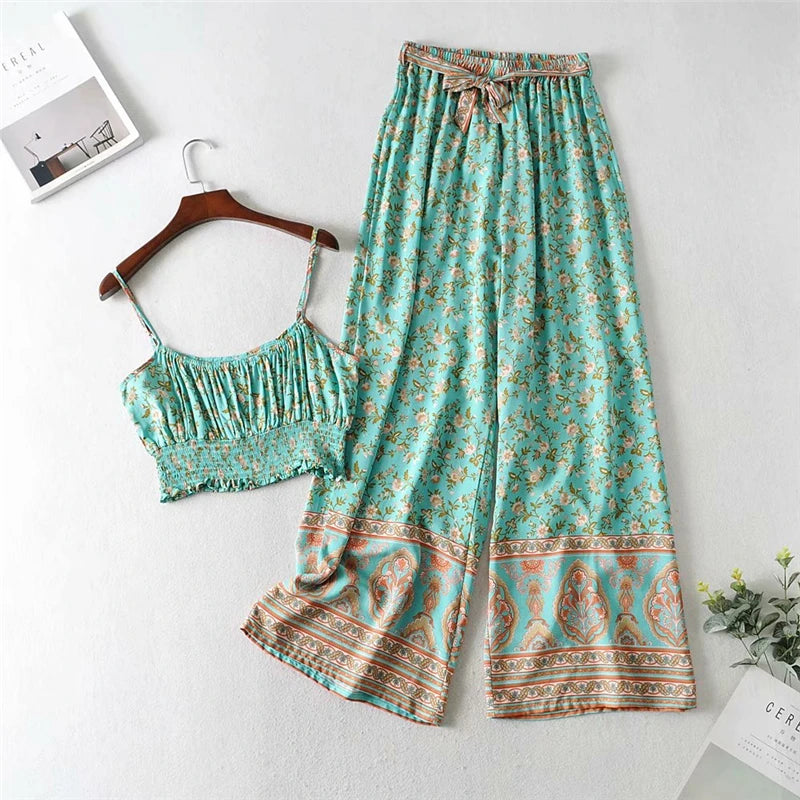 Floral Print Two Piece Outfits Strap Sleeveless Tops Bohemian