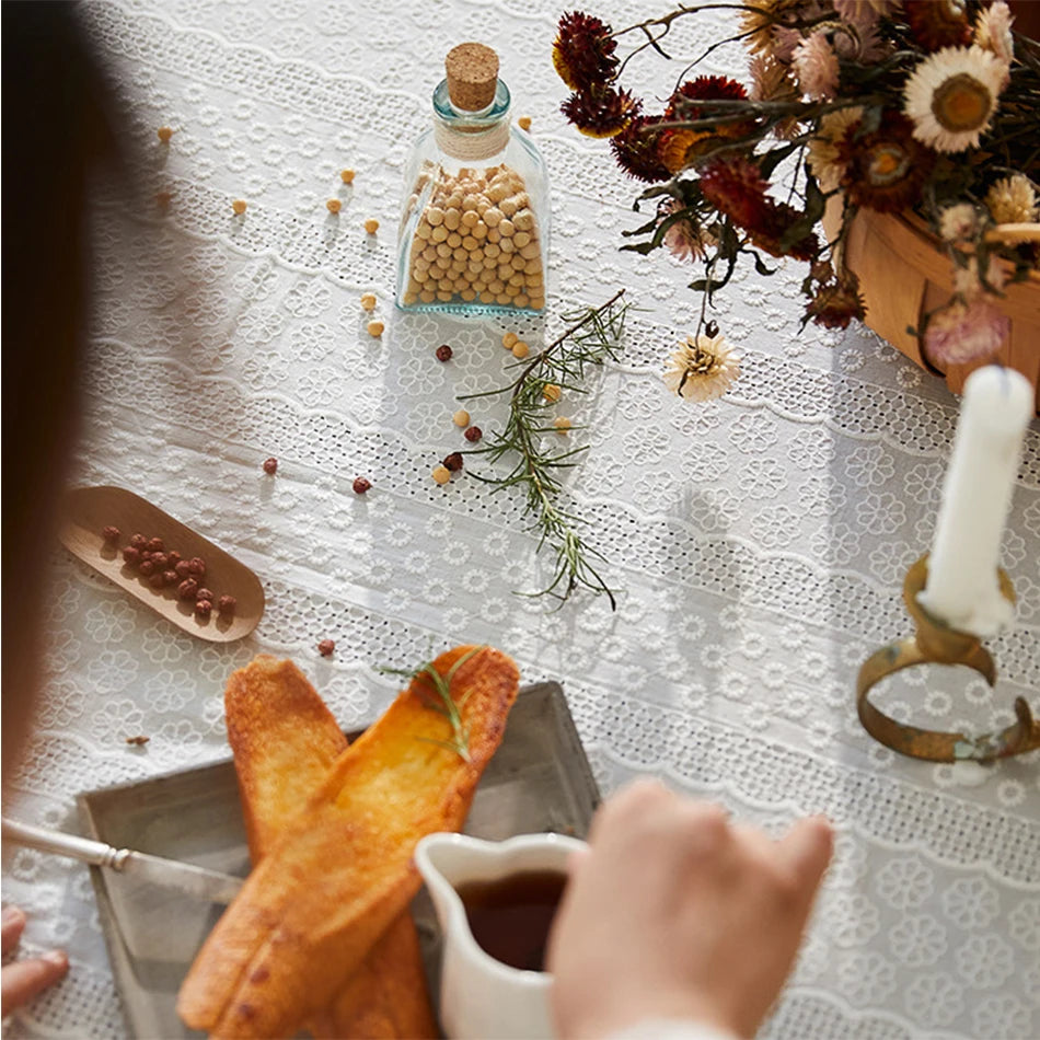 French embroidery white Cotton Tablecloth