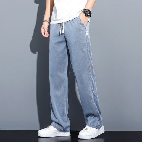 Fabric Jeans Men Loose Straight Thin Elastic Waist Casual Denim Pants