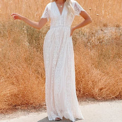 Fashion Women Deep V-neck Lace Hollow Out Bohemian Maxi Dress