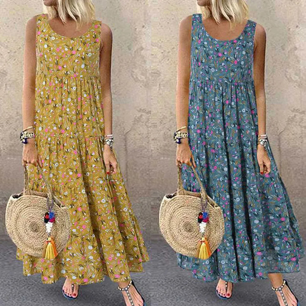 Bohemian Maxi Dress Casual Vintage Sleeveless O Neck Floral Print