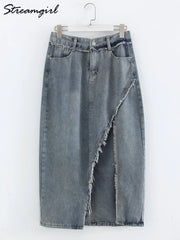 Irregular Split Denim Skirts For Women Midi Casual Denim Skirt