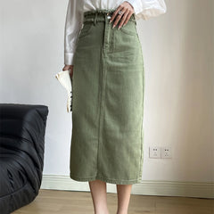 A-Line Cotton Denim Long High Waist Vintage Skirt