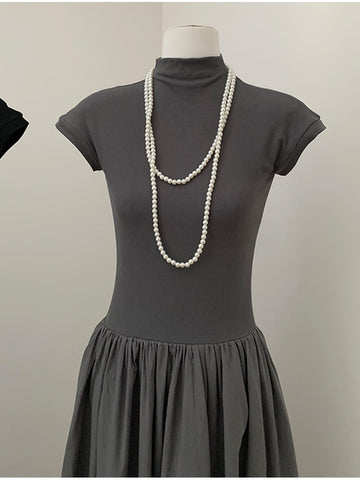Solid Color Turtleneck Mid-Long Vintage Pleated  Sleeveless Ruffle Dress
