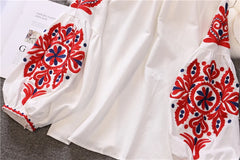 Bohemian Tassel Beach Floral Embroidery Linen Cotton Blouse Flare Sleeve