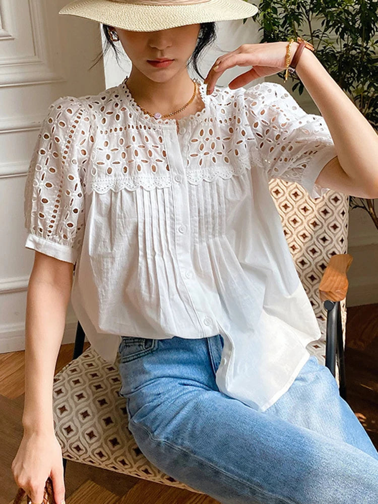 Chic Blouse Shirt French Style Embroidery Hollow Out Sheer