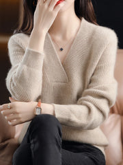 Women's Solid Loose Knit Sweater Base V-neck Pullover