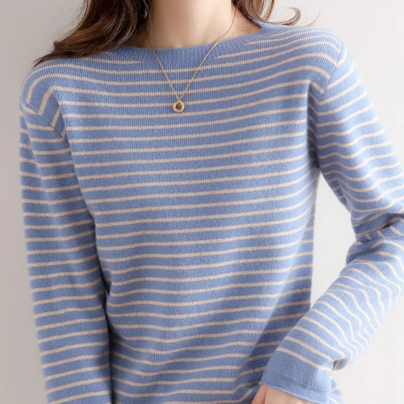 Women O-Neck Striped Sweater Harajuku Retro Knitted Pullover