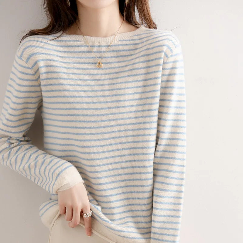 Women O-Neck Striped Sweater Harajuku Retro Knitted Pullover