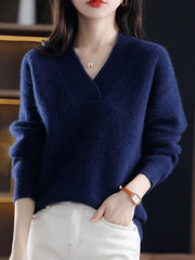 Women's Solid Loose Knit Sweater Base V-neck Pullover