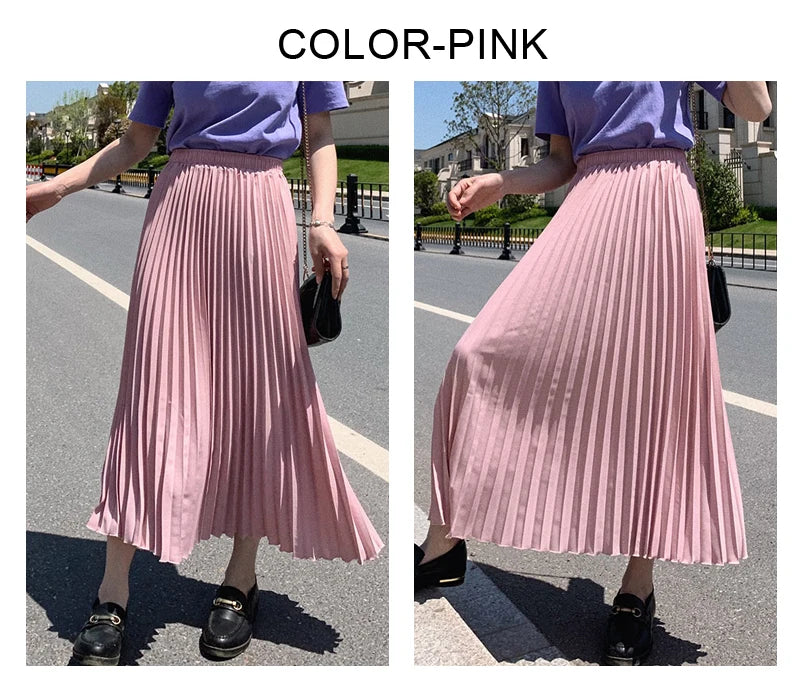 Womens Chic Pleated Swing Long Skirt Elastic High Waist