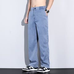 Fabric Jeans Men Elastic Waist Loose Straight Thin Denim Trousers