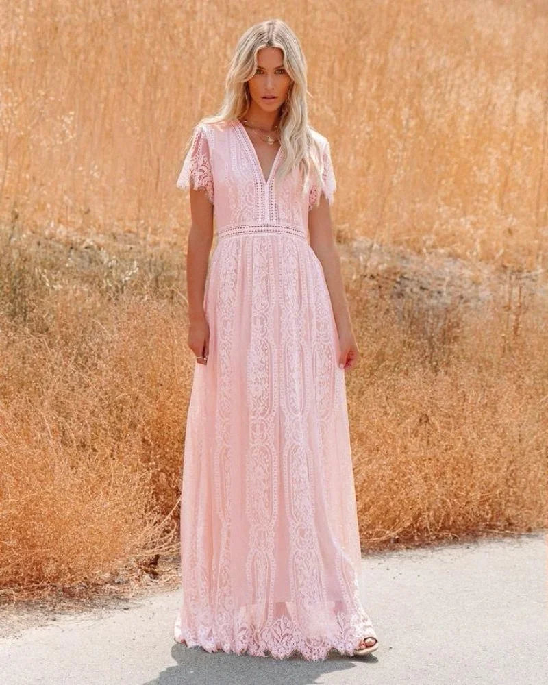 Fashion Women Deep V-neck Lace Hollow Out Bohemian Maxi Dress