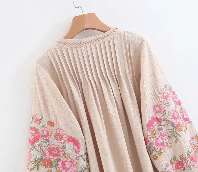 Vintage Chic Bohemian Tassel Floral Embroidery Linen Boho Shirts