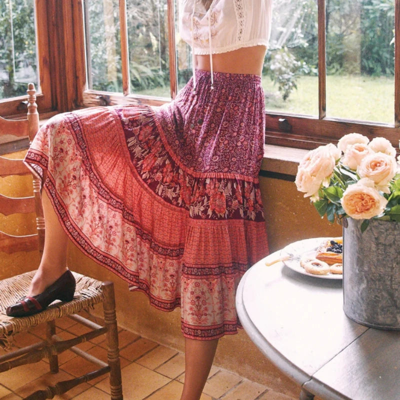 Vintage  Floral Peacock Printed High Elastic Waist Beach Bohemian Skirt