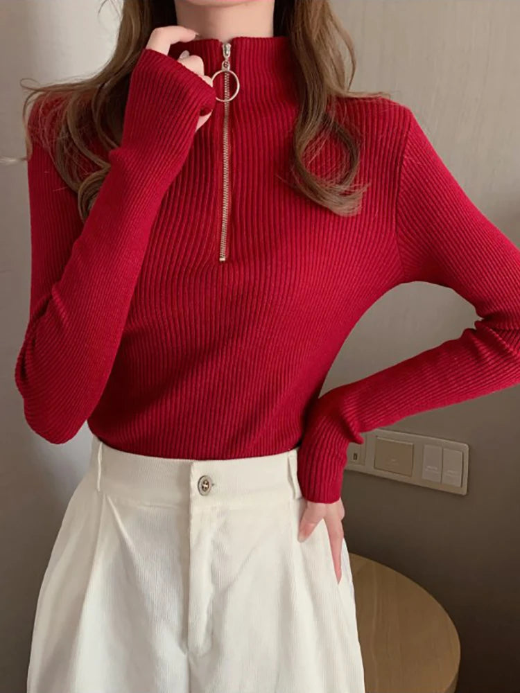 Knitted Women Zipper High Neck Sweater Pullovers Basic Sweaters