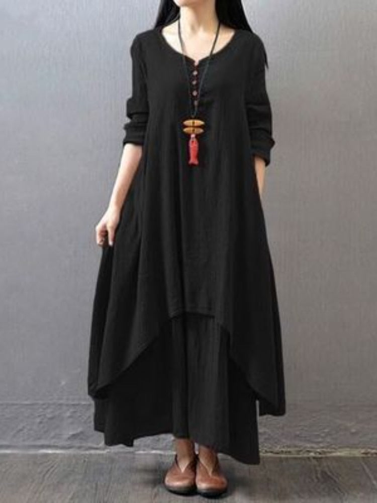 Fashion Dress  Loose Long Sleeve  Elegant  O-Neck Casual Pocket