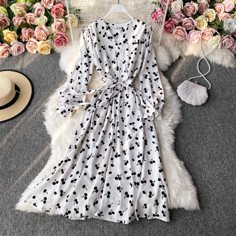 Fashion Cherry Print Women Dress Vintage Slim Waist