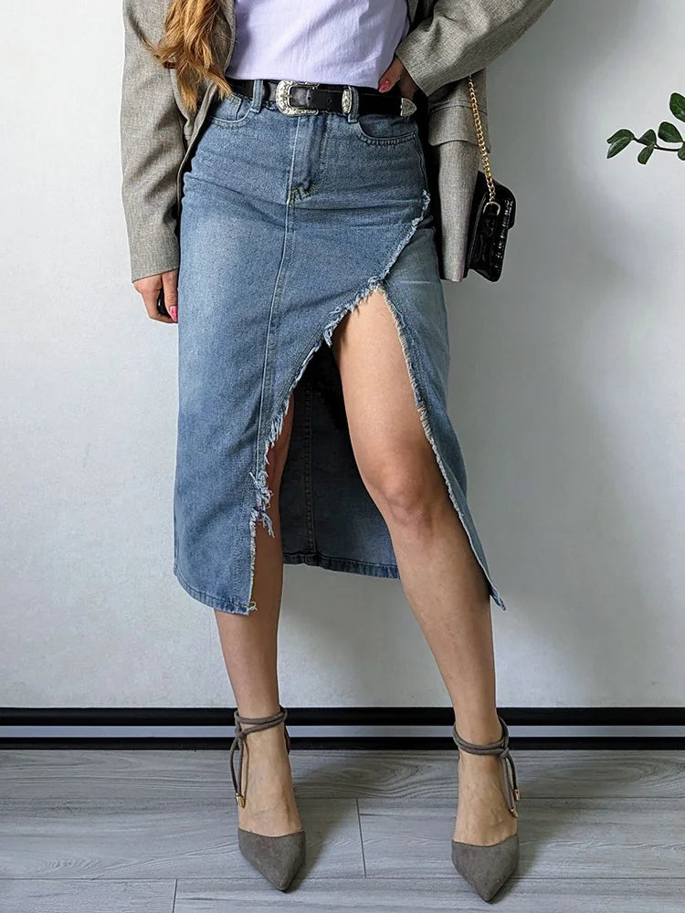 Irregular Split Denim Skirts For Women Midi Casual Denim Skirt