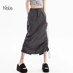 Retro Cargo Skirt for Women Summer Slit Design High Waist