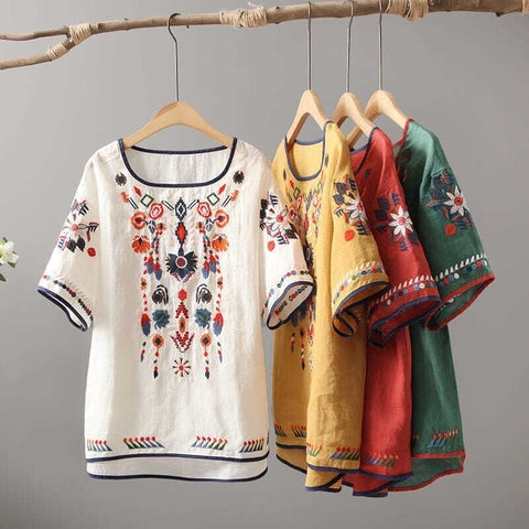 Embroidery Floral Tees Style Classic Loose Shirts Casual Vintage