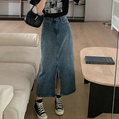 Women's Denim Wrap Retro High Waisted Split A-Line Denim Skirt