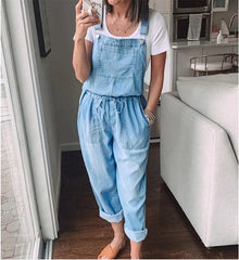 Sleeveless Cotton Blue Denim Casual Waist Loose Jumpsuits