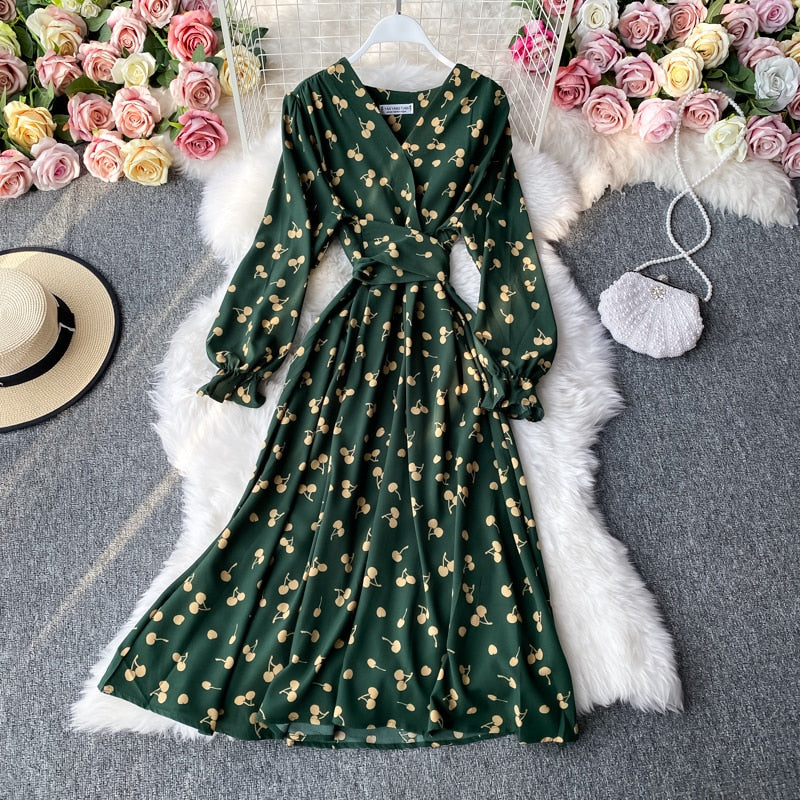 Fashion Cherry Print Women Dress Vintage Slim Waist