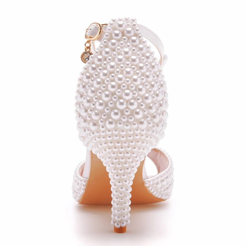 White Pearl Sandals Women Open Toe High Heels Shoes Dress