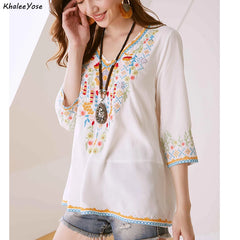 Boho Floral Embroidery Mexican Blouse Shirts Vintage Chic