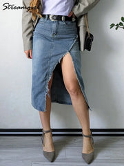 Irregular Split Denim Skirts For Women Midi Casual Denim Skirt