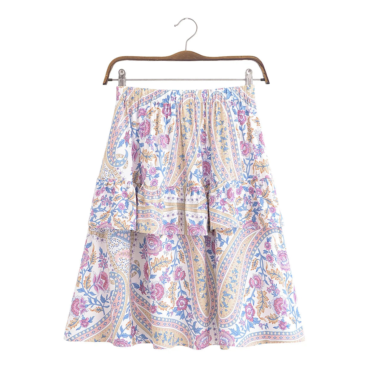 Contrast Color Flower Print Knee length Skirt Ruffle A-line