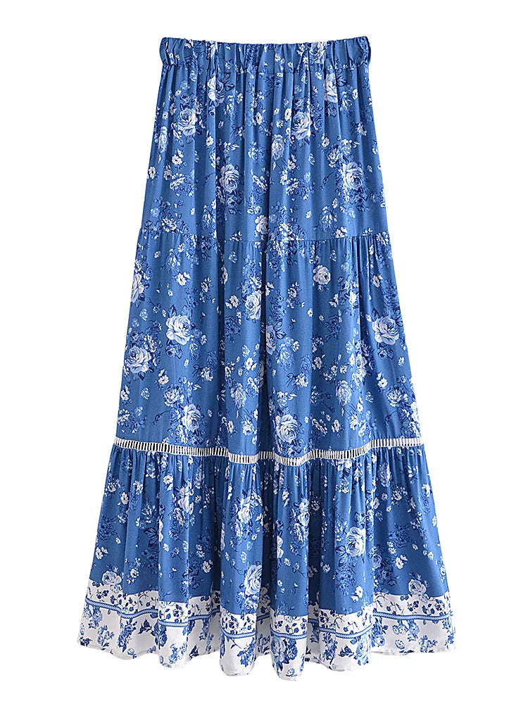 Floral Print Elastic Waist Pleated Boho Skirt Rayon