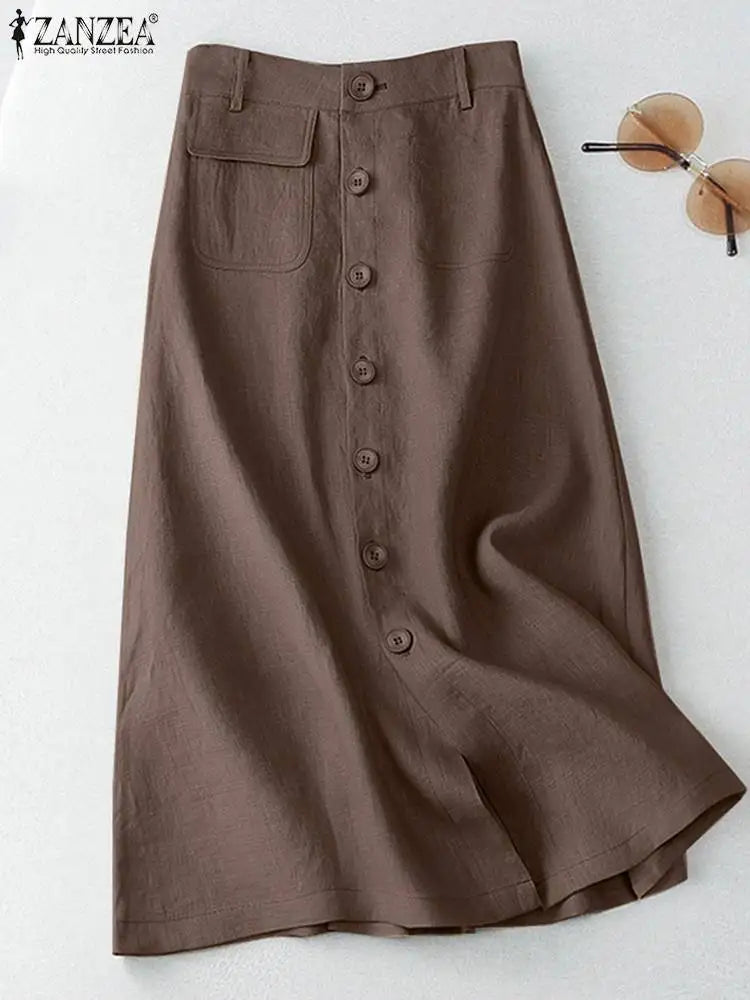 Midi Skirts Casual Button Up A-line Skirt Women High Waist