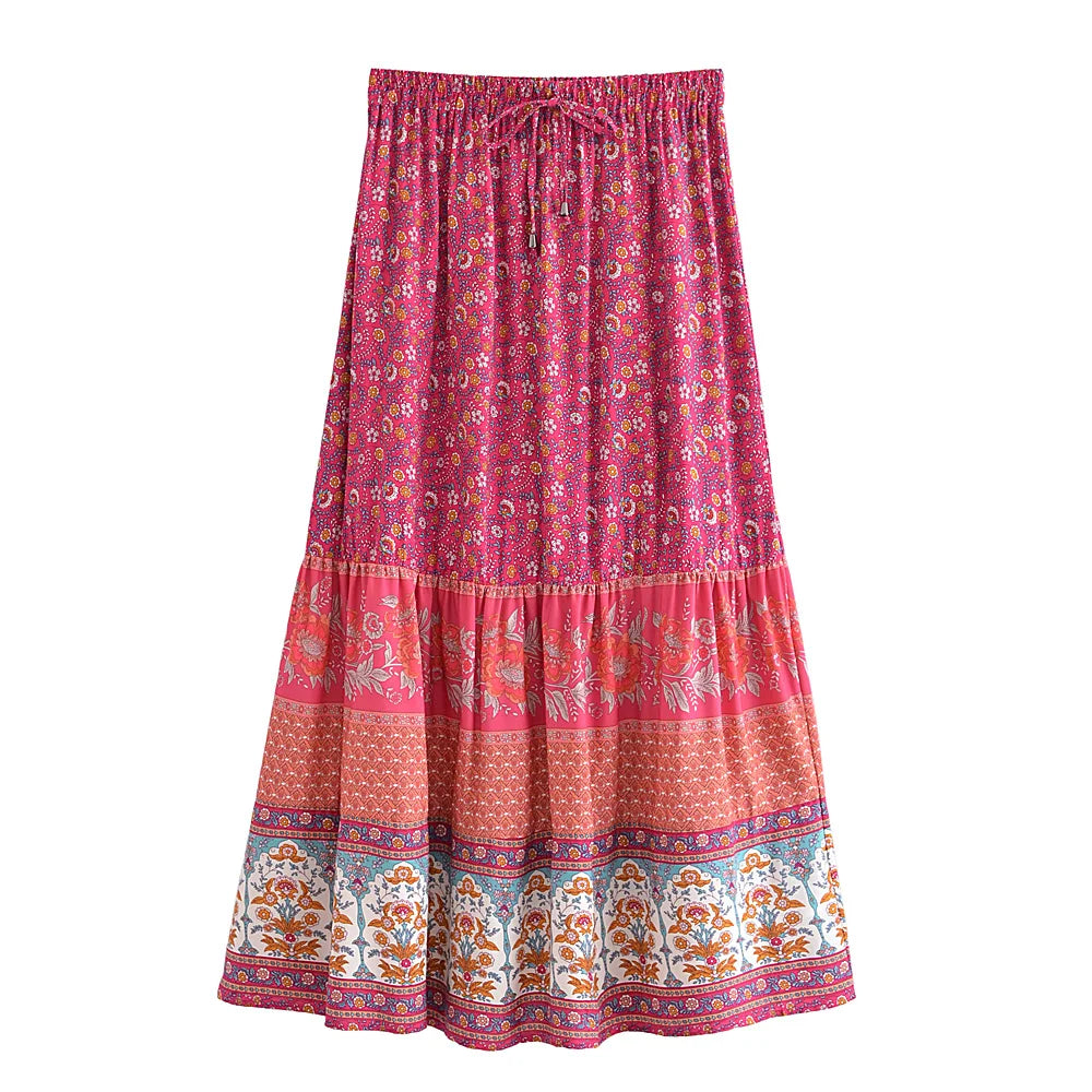 Vintage  Floral Peacock Printed High Elastic Waist Beach Bohemian Skirt