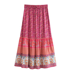 Vintage  Floral Peacock Printed High Elastic Waist Beach Bohemian Skirt