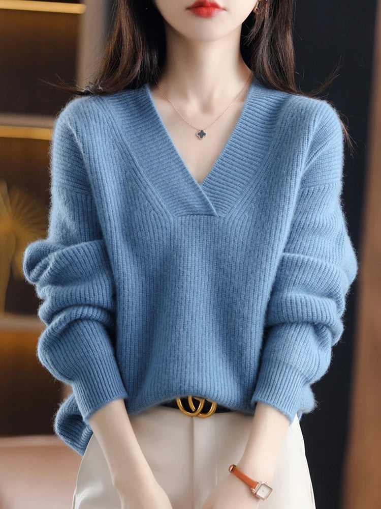 Women's Solid Loose Knit Sweater Base V-neck Pullover