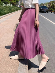 Womens Chic Pleated Swing Long Skirt Elastic High Waist