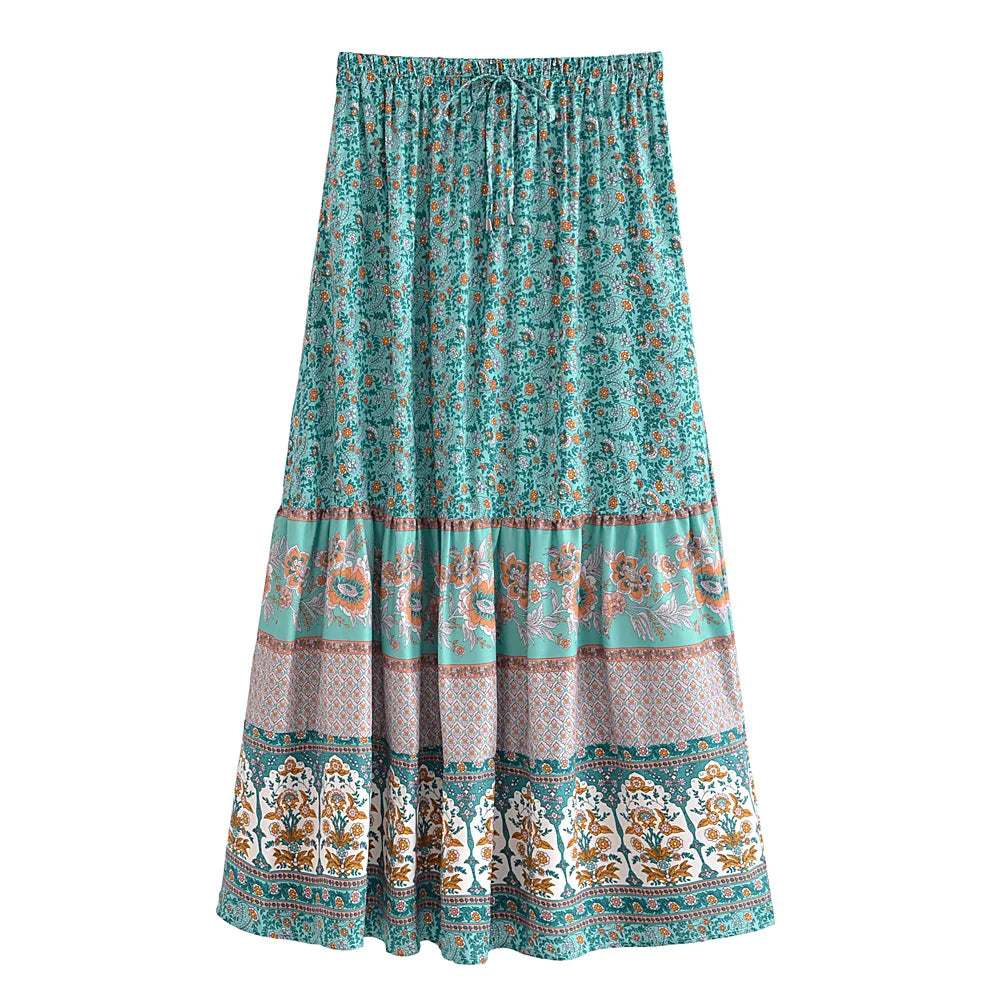 Vintage  Floral Peacock Printed High Elastic Waist Beach Bohemian Skirt