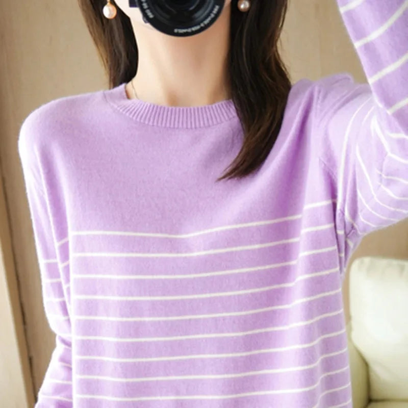 Knitted Sweater Striped Color Matching Round Neck Large Size