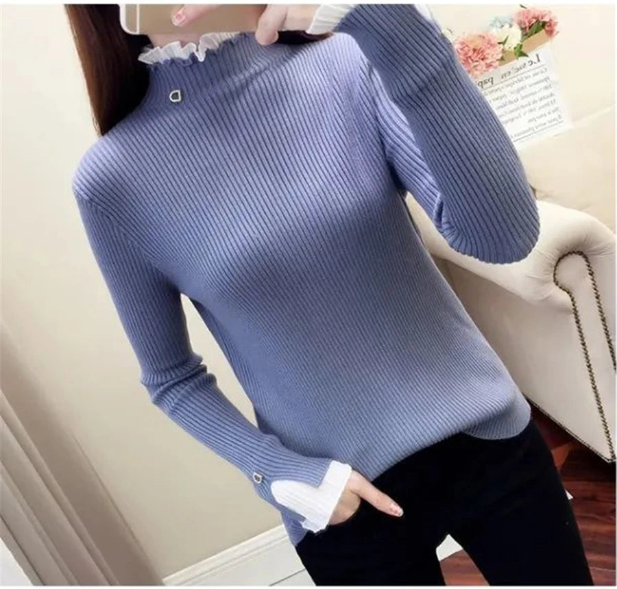 Patchwork Turtleneck Knitted Pink Tops Chic Ruffle Pullover