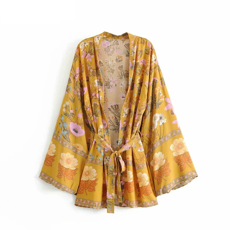 Floral Print Sashes Bat Sleeve Beach Bohemian Kimono Dresses