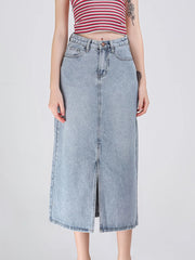 Long A-line Denim Skirt Vintage Split Blue High Waist A-line